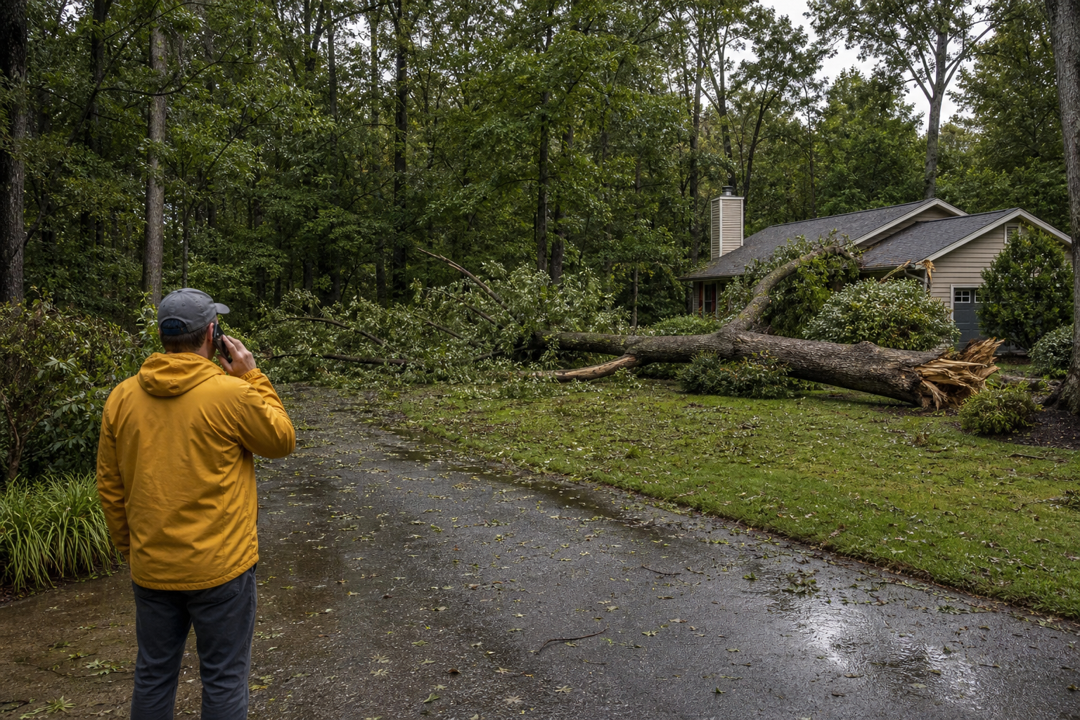Homeowner calling from a safe distance while a fallen tree blocks part of a wet residential driveway near a house