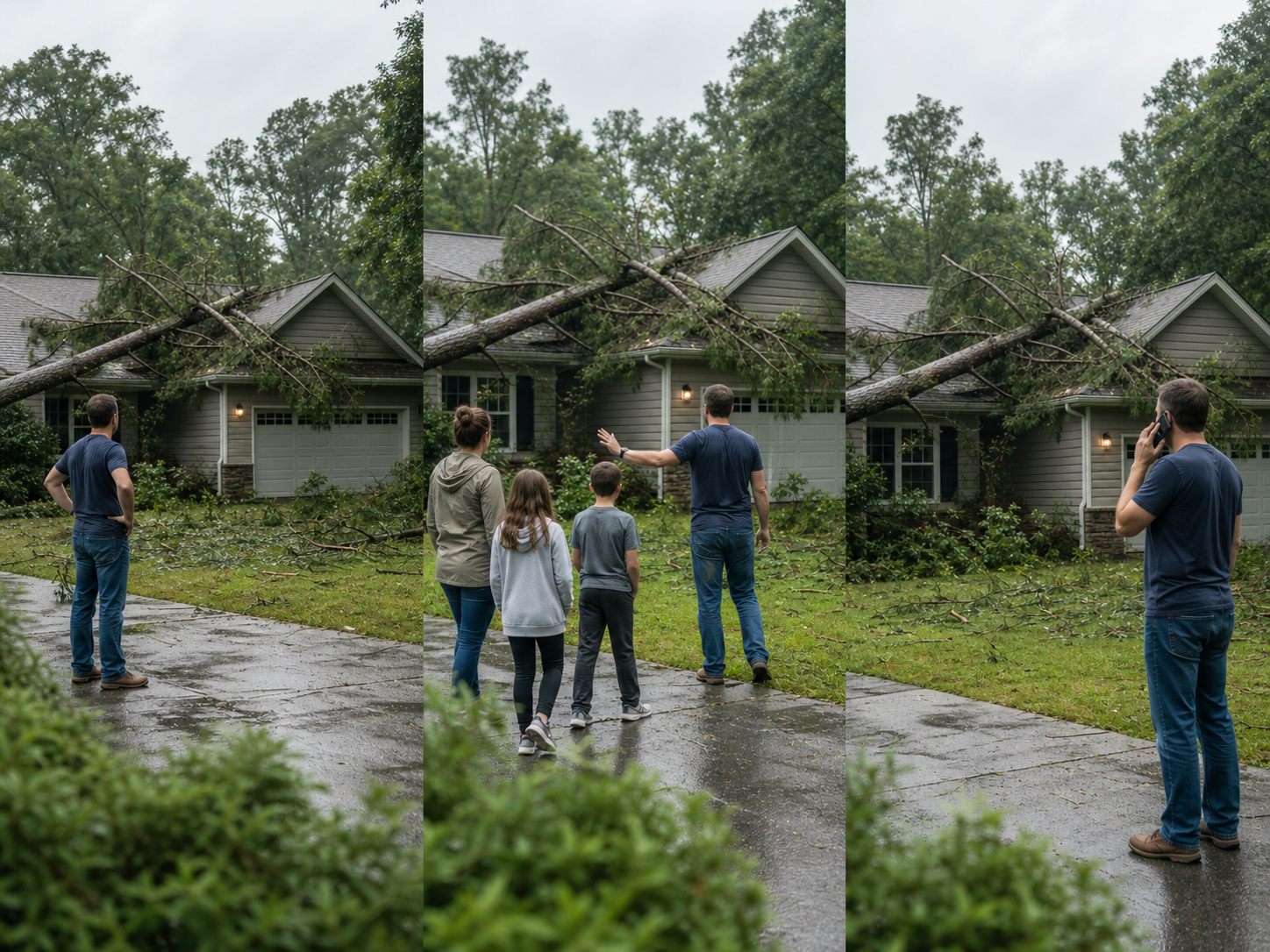 Three-scene sequence showing a homeowner recognizing a fallen tree on a house, moving family members back, and calling from a safe distance